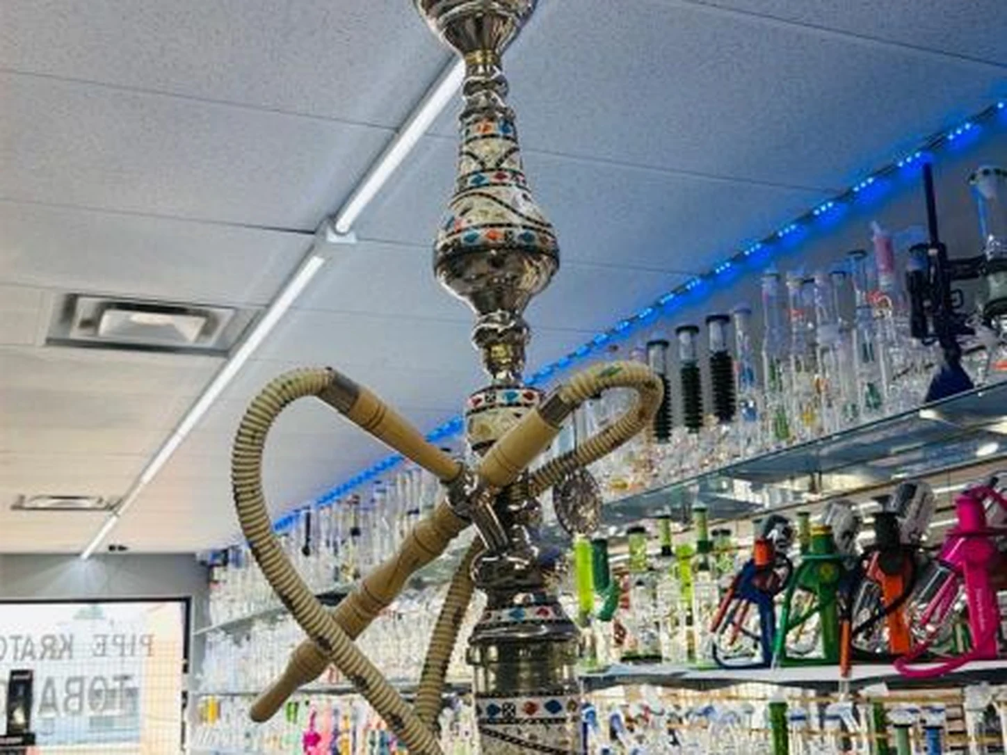 Ornate hookah on display at Midwest Smoke Shop on Dodge Street