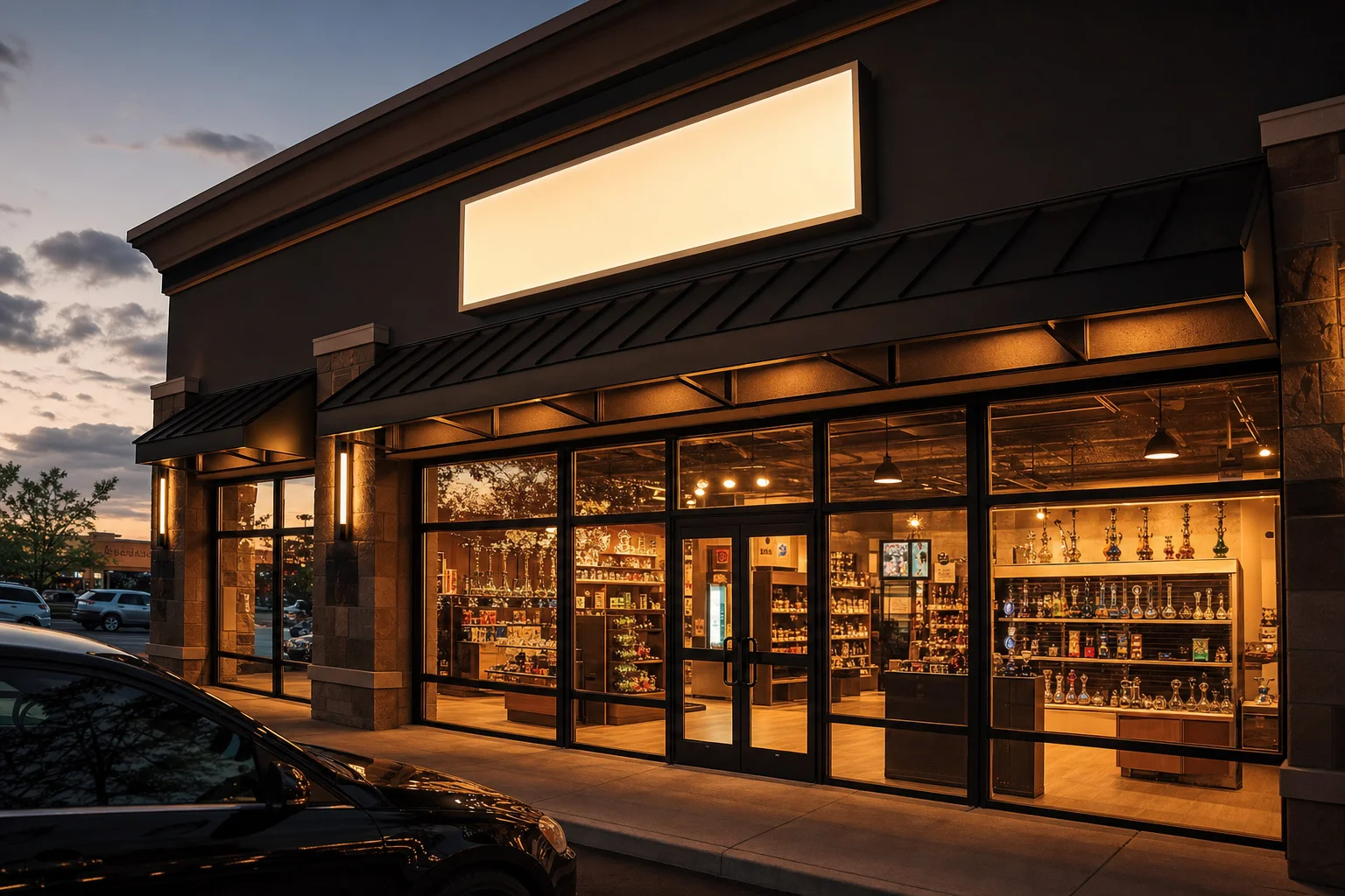Midwest Smoke Shop storefront on Dodge Street in Omaha, Nebraska, lit up at dusk